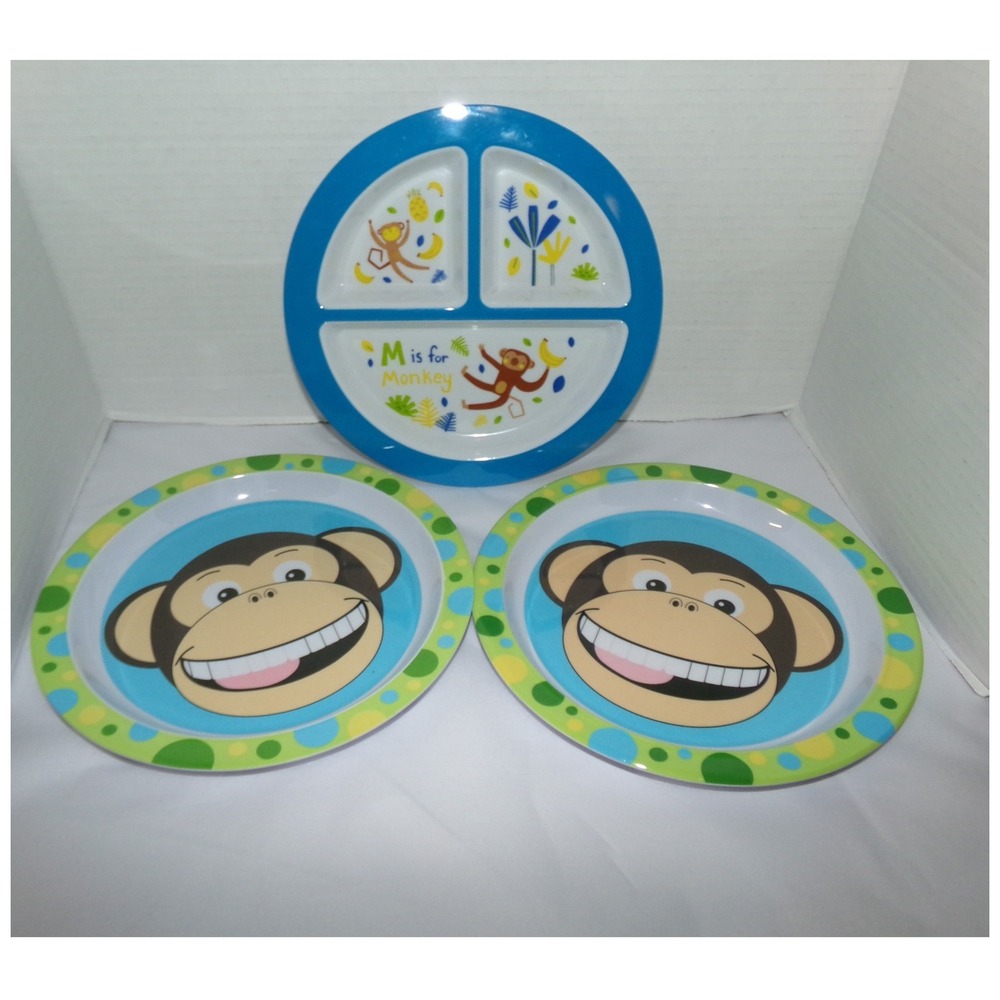 Monkey Melamine Plate Set 3pc Divided Sectional & Round Toddler Kids Dishes Blue